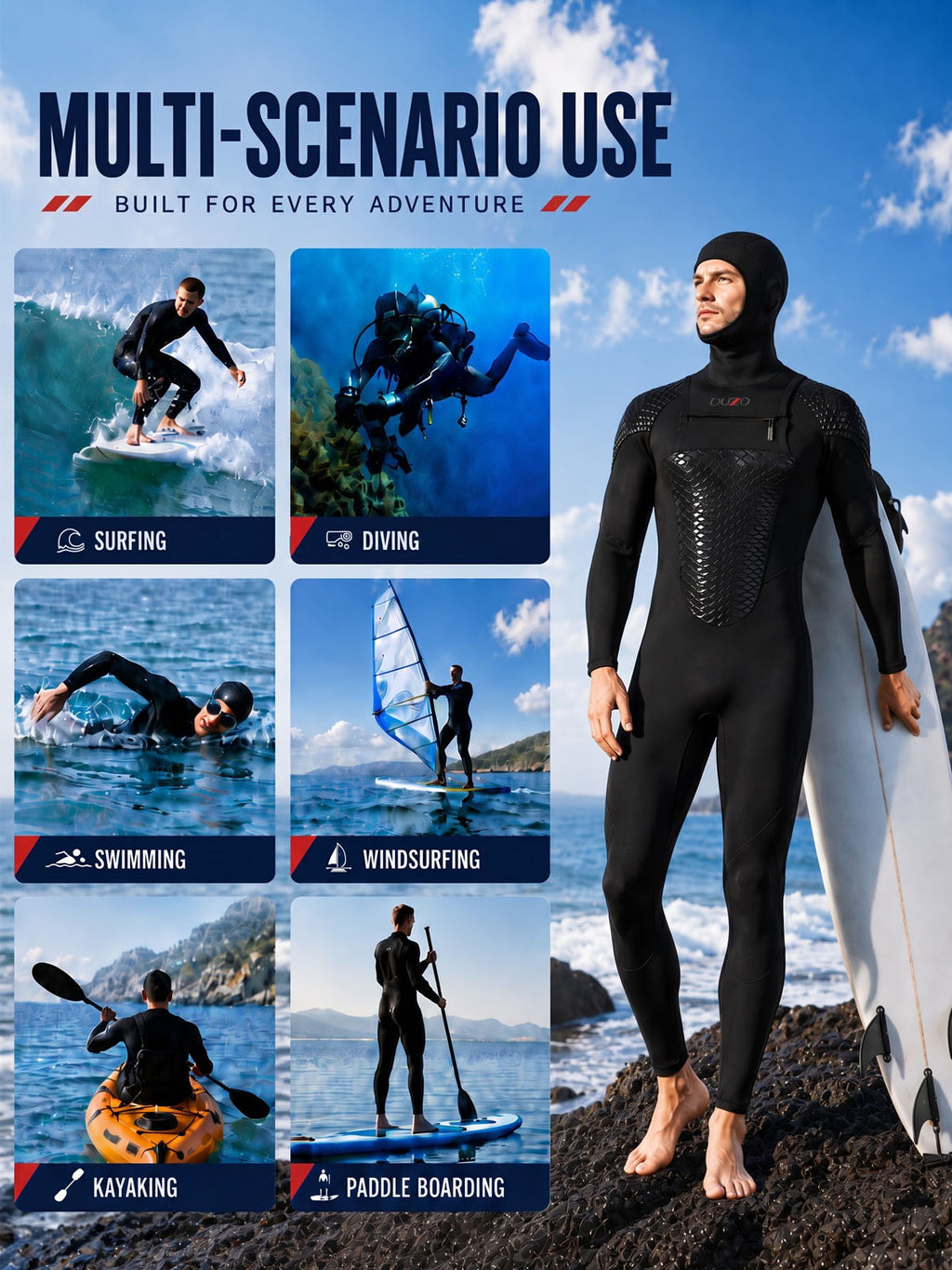 OUZO 3mm Black Neoprene One-Piece Wetsuit - Cold Water Diving Suit