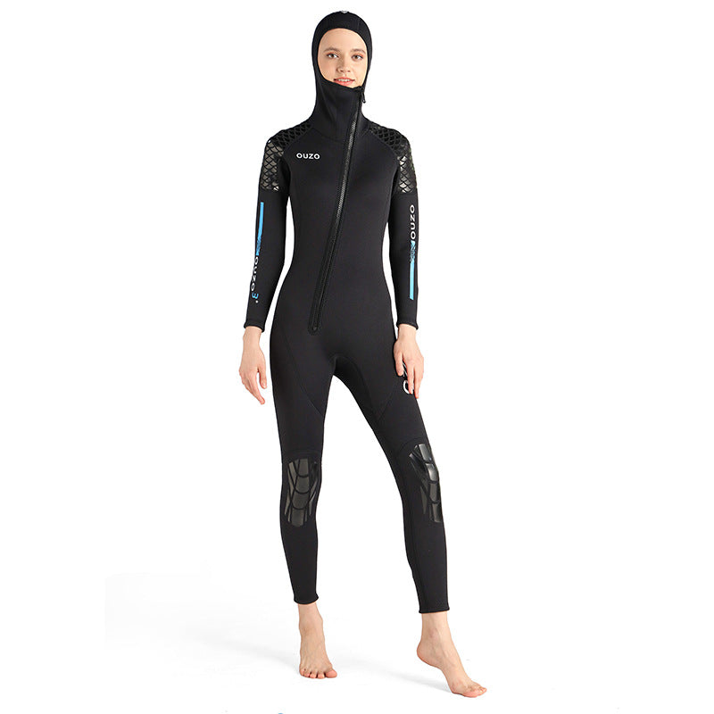 OUZO 3mm Damen Neopren Einteiler Tauchanzug – Kapuze Ganzkörper Thermo Taucheranzug