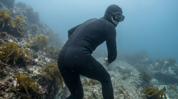 Diver showing restricted movement in a one-piece wetsuit underwater