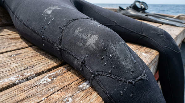Worn wetsuit knee showing abrasion from rocks boat decks and gear contact